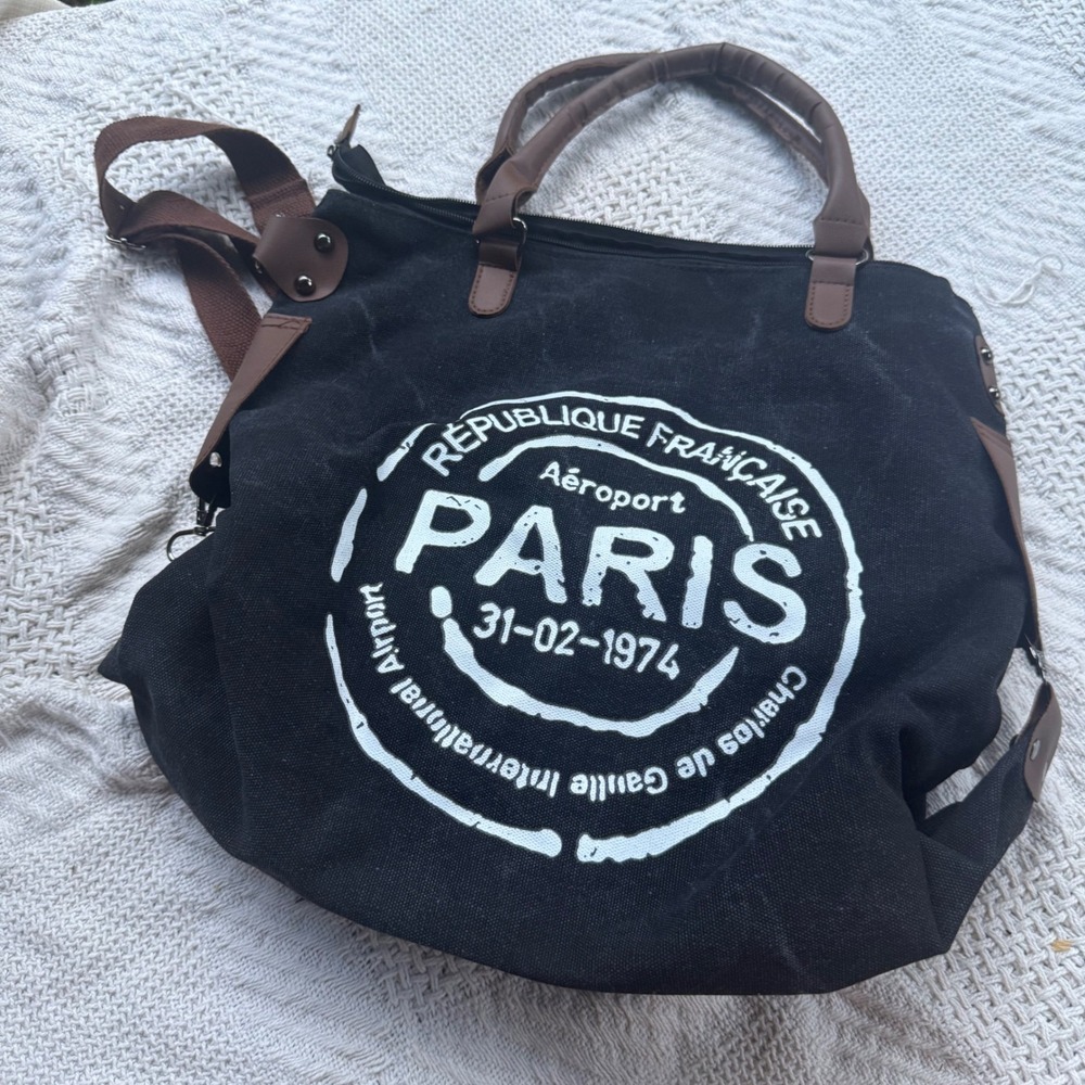 Black Canvas Paris Aeroport Tote Bag Brown Handles Crossbody Strap Travel Bag